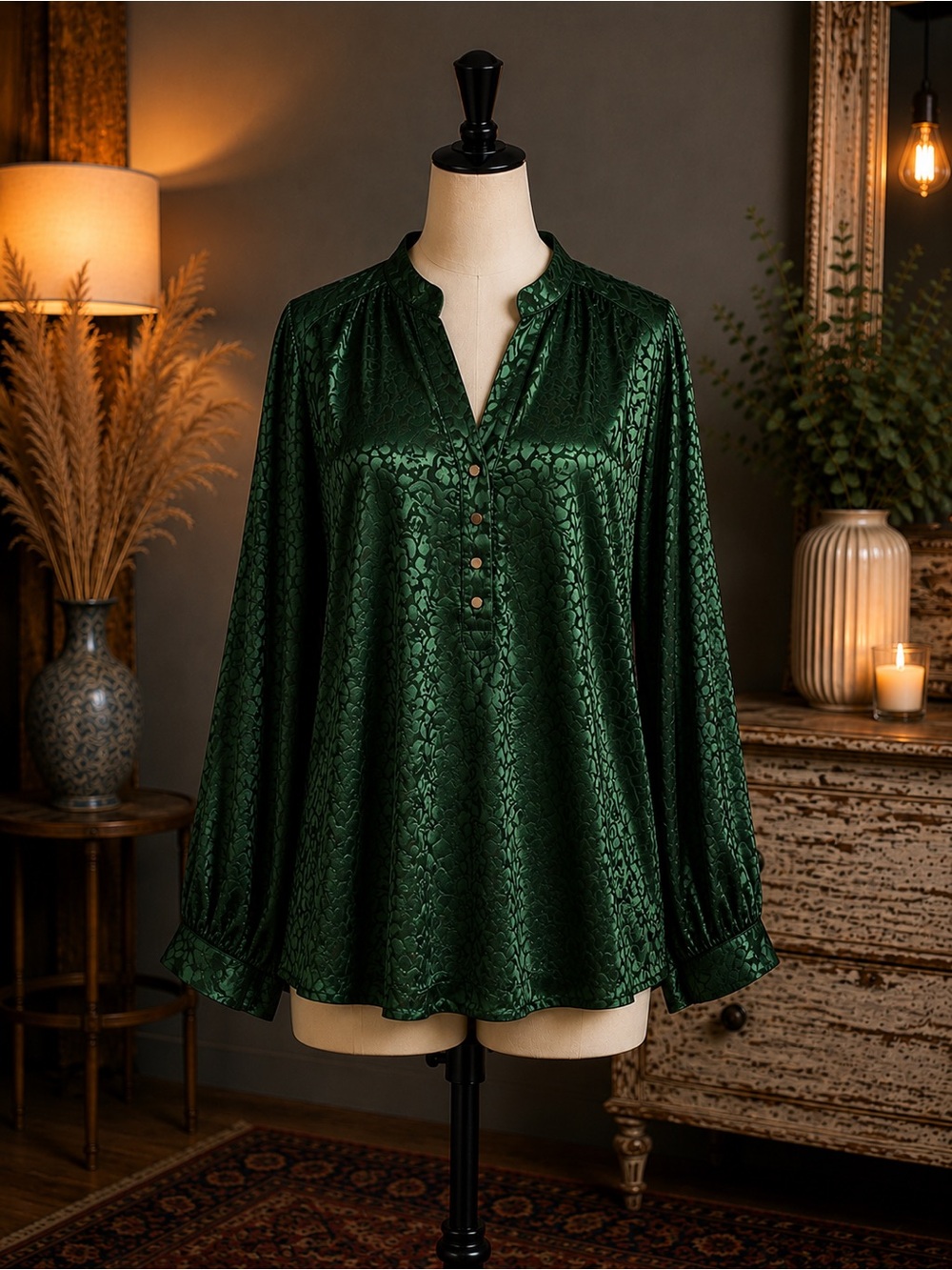 Velvet Textured Henley Blouse in Deep Green - Women Tops